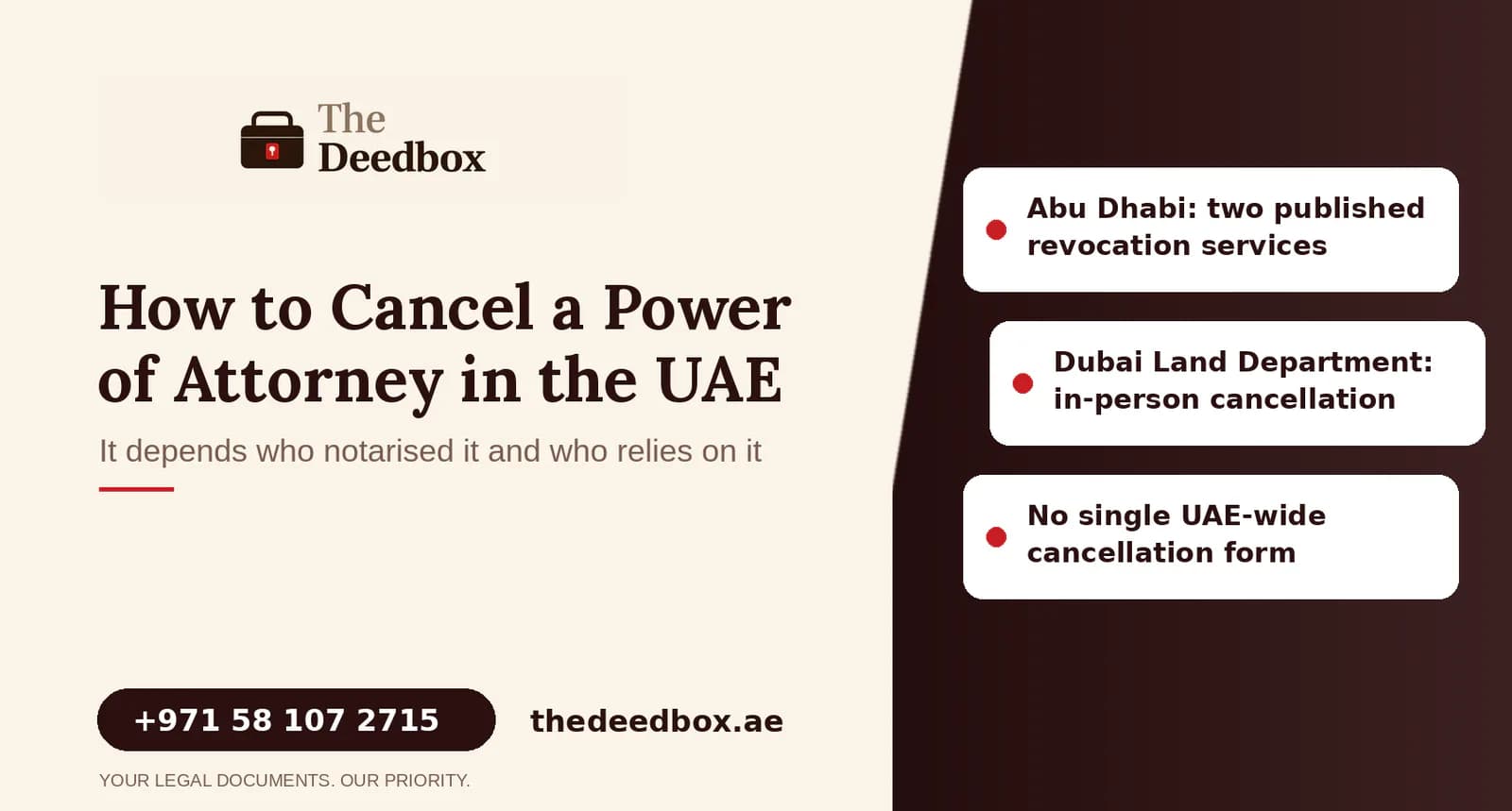 The Deedbox illustration for the article “How to cancel a power of attorney in the UAE: it depends who notarised it and who relies on it”.
