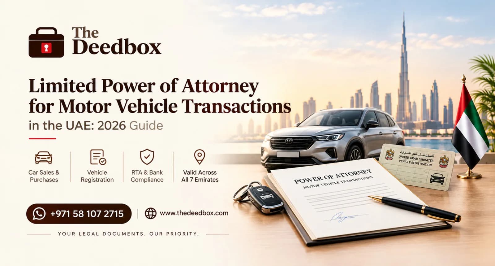 The Deedbox banner for Limited Power of Attorney for Motor Vehicle Transactions in the UAE, showing car keys, a UAE vehicle registration card and the Dubai skyline.