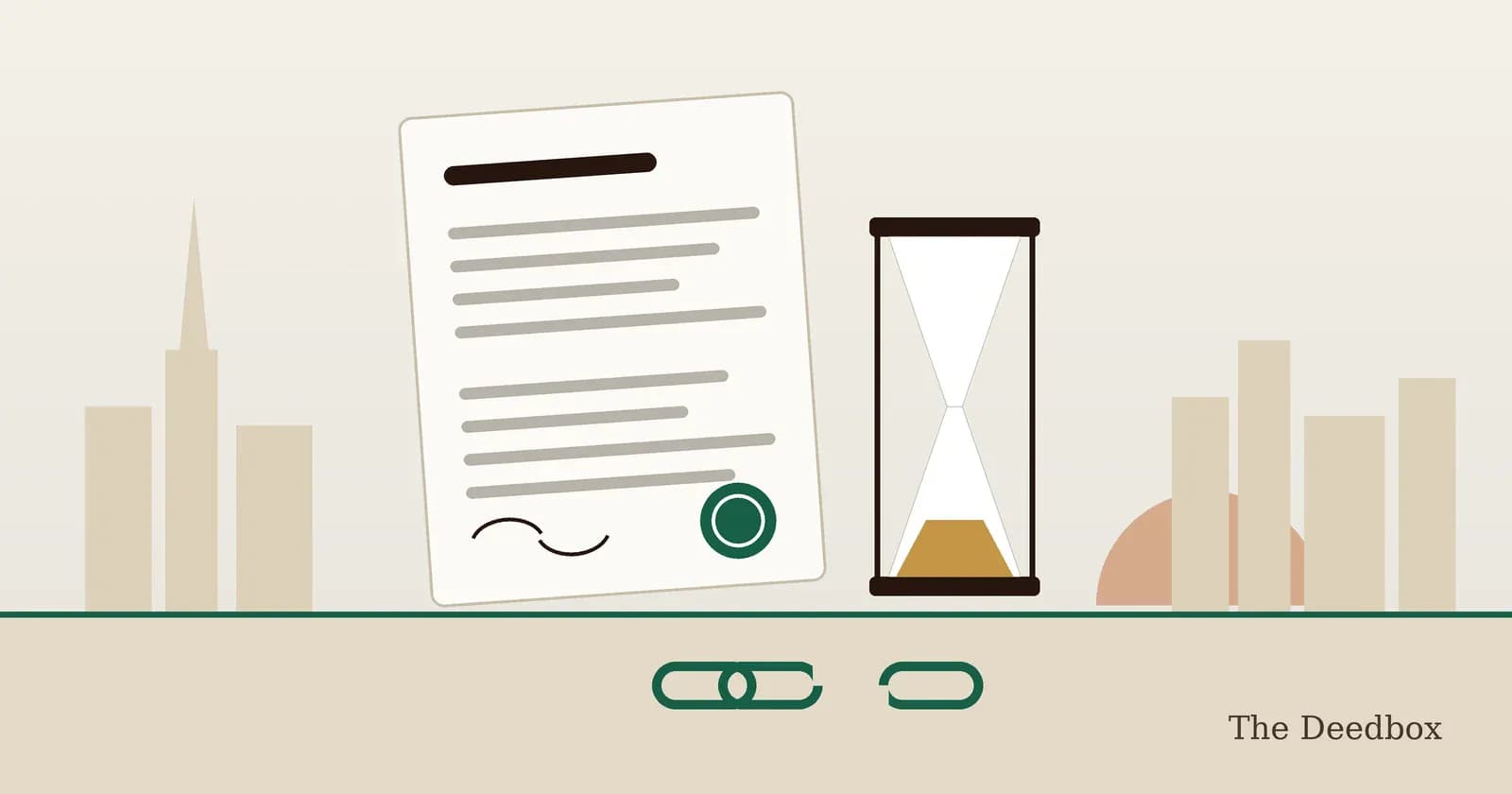 Illustration of a signed power of attorney document with a green seal beside an hourglass whose sand has run out, with a broken chain link on the ground and a Dubai skyline at suns