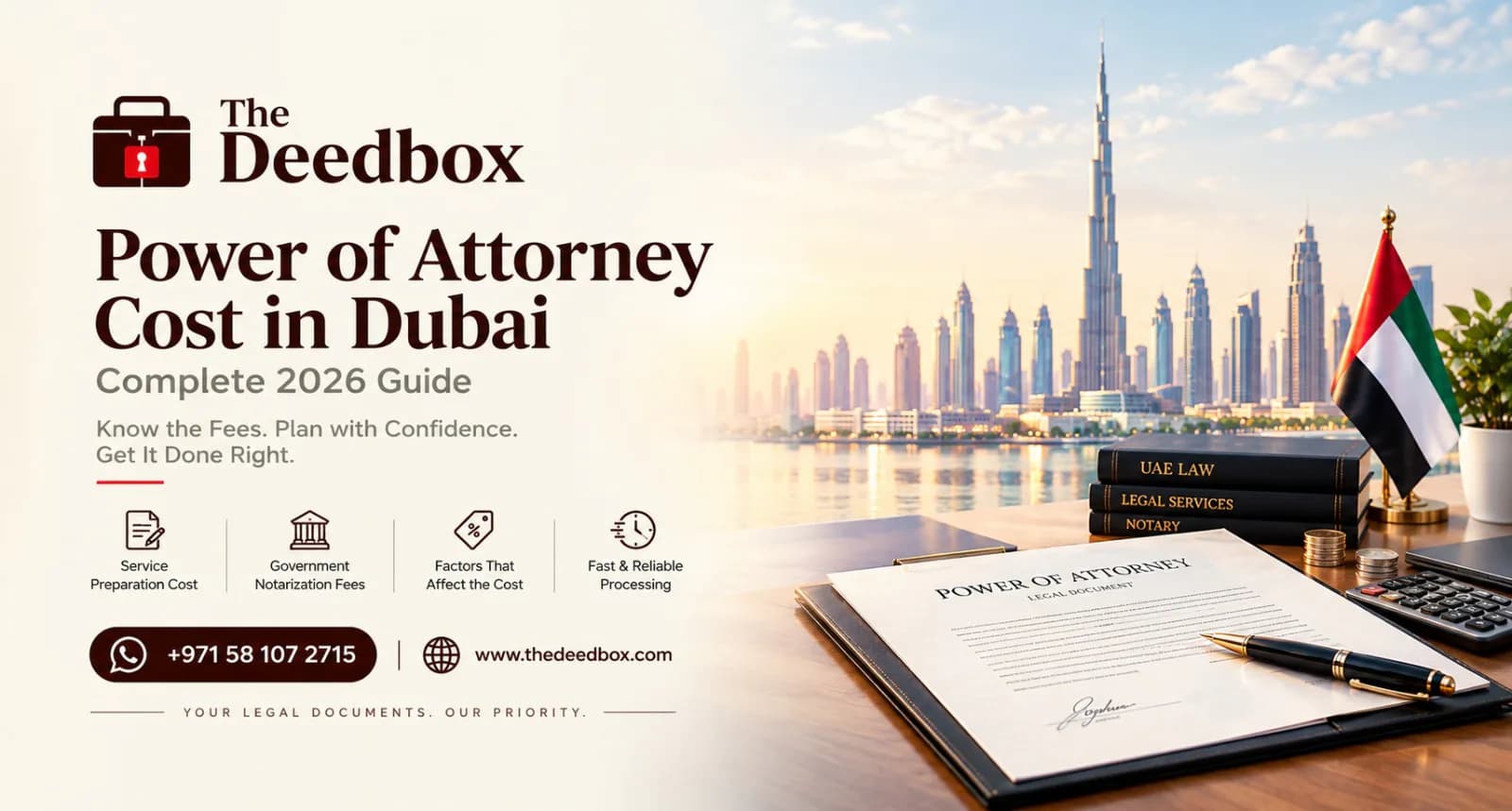 The Deedbox illustration for the article “Power of Attorney Cost in Dubai: What You Actually Pay in 2026”.