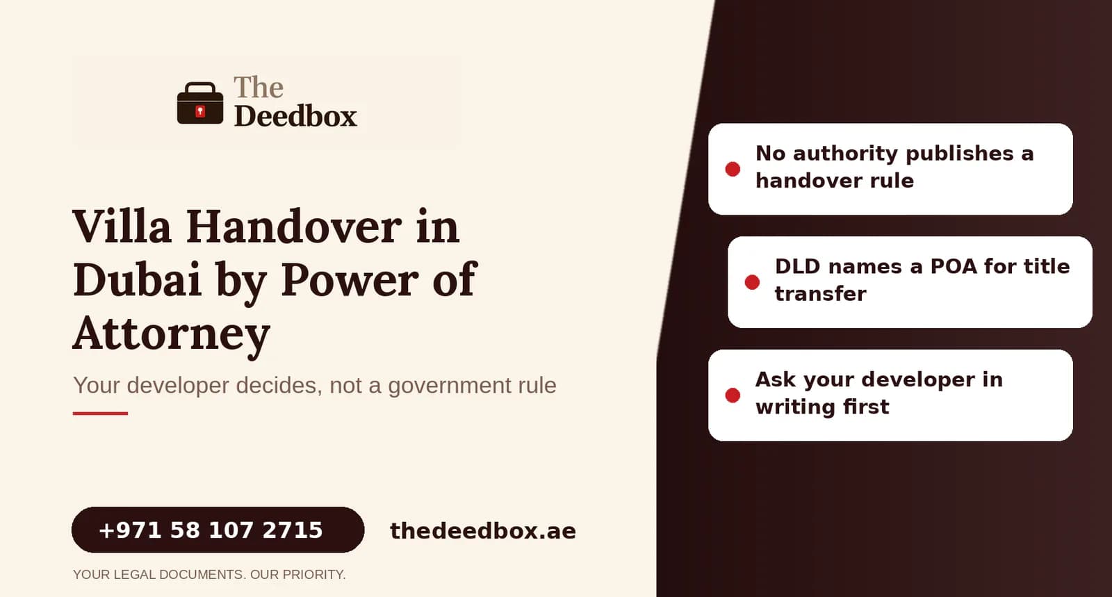 The Deedbox illustration for the article “Can someone else take handover of my Dubai villa or apartment for me?”.