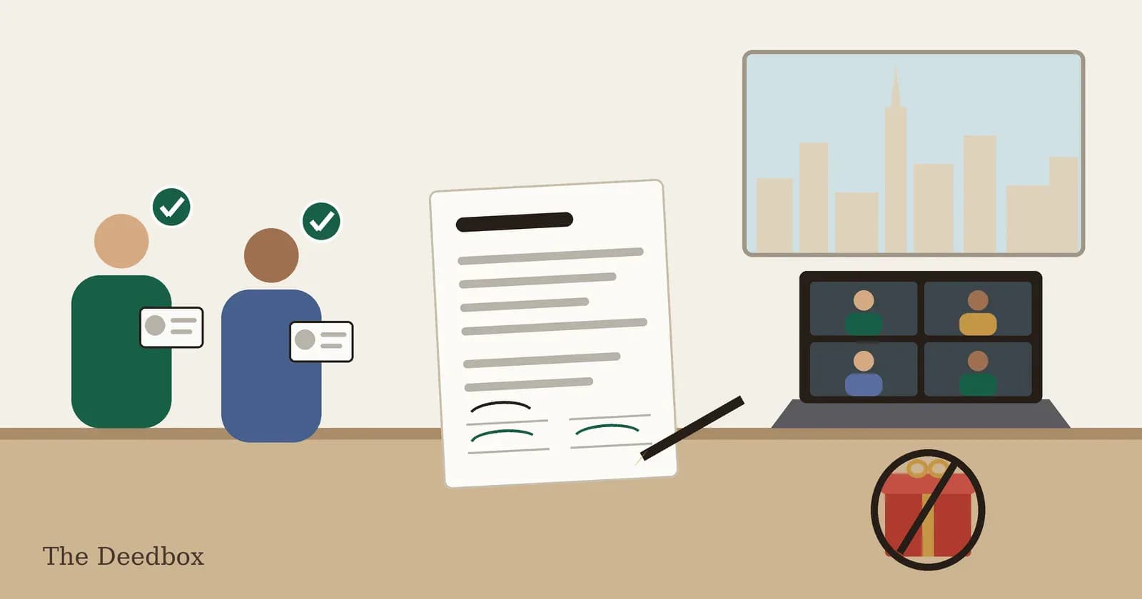 Illustration d'un testament signé sur un bureau avec un stylo, deux témoins tenant des cartes d'identité avec des coches vertes, un cadeau barré, et un appel vidéo sur ordinateur p