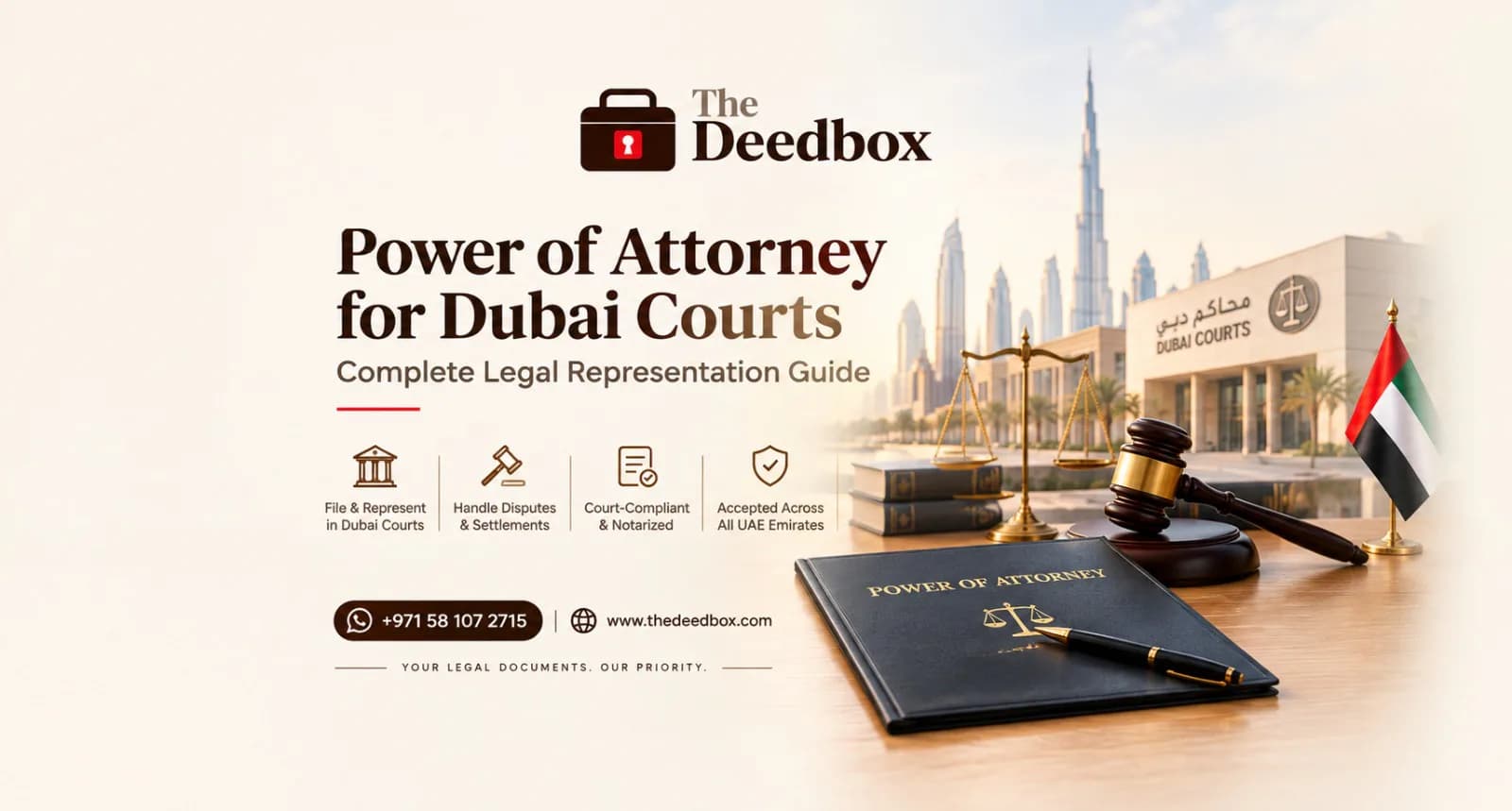 The Deedbox illustration for the article "Power of Attorney for Dubai Courts: Legal Representation Guide".