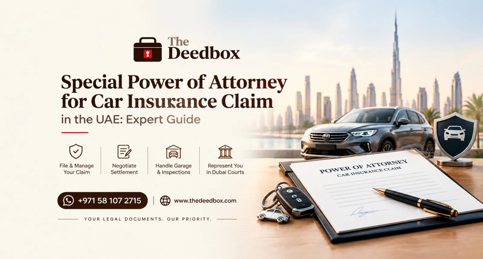 The Deedbox illustration for the article “Special Power of Attorney for Car Insurance Claims in the UAE”.